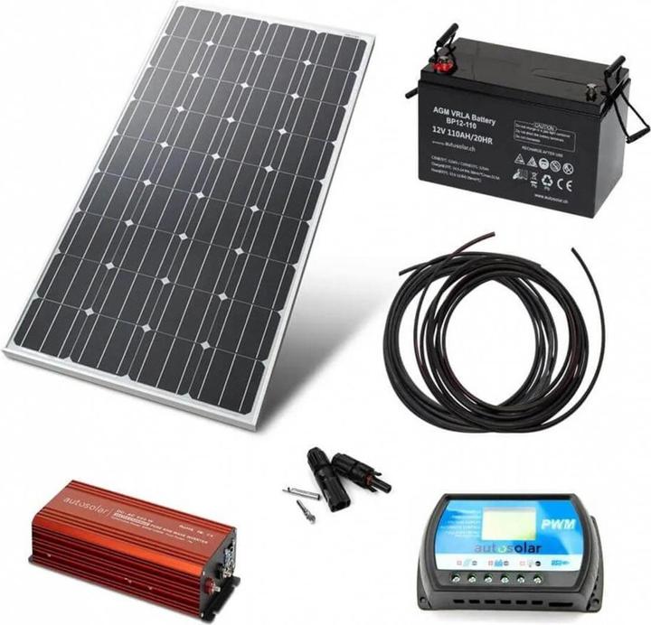 Autosolar Sistema solare da 100W con batteria AGM da 110Ah e inverter da 300W (100 W)