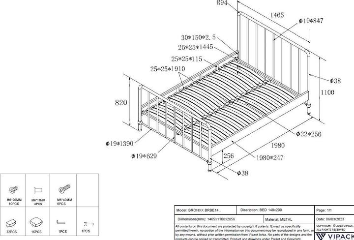Image du produit Vipack Bronxx Lit Noir Mat 140X200Cm (140 x 200)