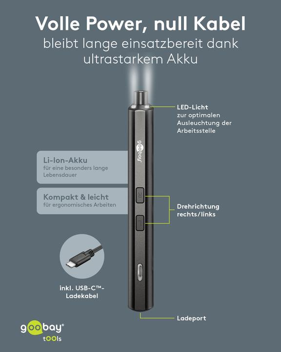 Actual product image Goobay Elektrischer Schraubendreher mit 20-tlg. Präzisions-Bitsatz (Hexagon socket round, Phillipps cross recess (PH), Tri-wing)