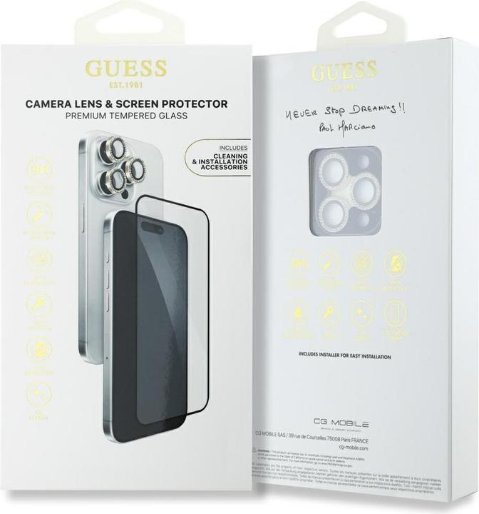 Produktbild Guess BP Rhinestone 2in1 Screen Protector and Camera Lens Set for iPhone 16 Pro Max - Gold (2 Stk., Apple iPhone 16 Pro Max)