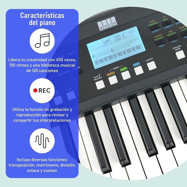Actual product image Axus 61-Key Portable Touch-Sensitive Lightweight Keyboard with Power Supply, 450 Voices, and Music Stand (61 Keys)