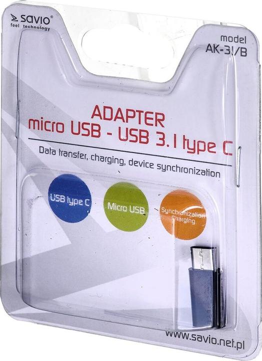 Produktbild Savio AK-31 / B Kabelschnittstellen-/Gender-Adapter Micro USB USB 3.1 Typ C Schwarz (Micro USB, USB 3.1, 1.05 cm)
