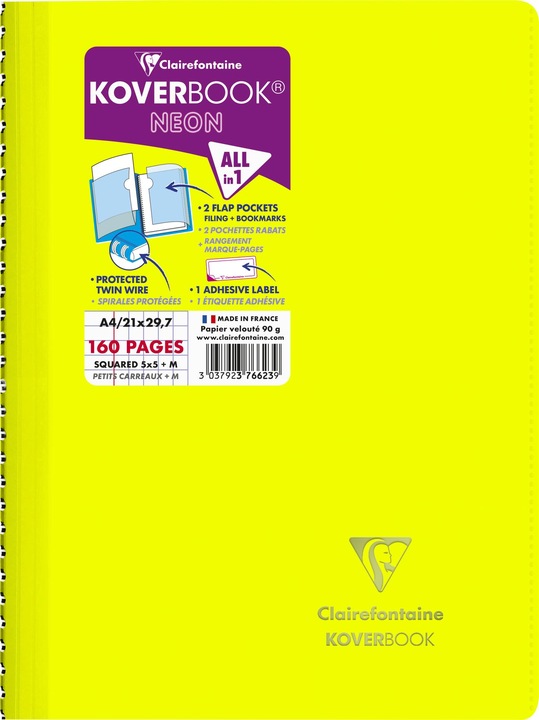 Image du produit Clairefontaine Cahier reliure intégrale enveloppante Koverbook Neon A4 160 pages petits carreaux + marge couverture (A4, Quadrillé, Non contraignant)