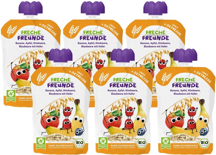 Produktbild Freche Freunde Quetschbeutel Banane, Apfel, Himbeere, Blaubeere 6x 100 g (600 g)