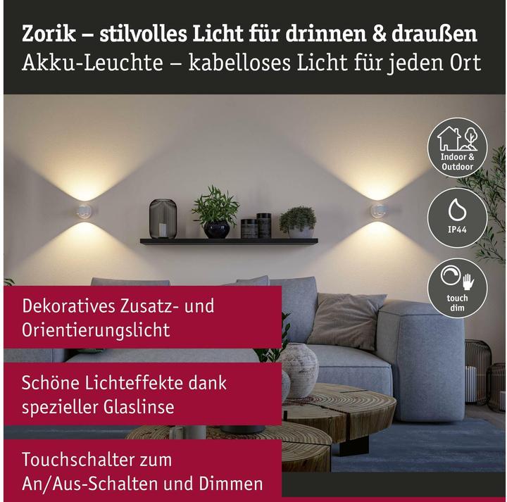 Produktbild Paulmann LED Akkuwandleuchte Zorik IP44 dimmbar 2700K 100mm 2x1.1W (220 lm)