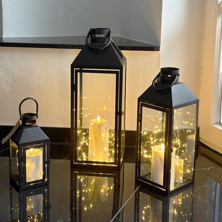 Produktbild Mojawo 3er Gartenlaternen Laternen Metall Windlicht Schwarz H23/39/49cm (3 x)