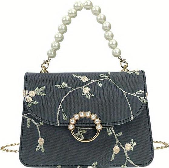 Actual product image Only-Bags.Store Elegante, floral bestickte, quadratische Mini-Tasche mit Kunstperlen-Akzenten und verstellbarem