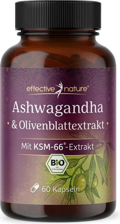 Image du produit Effective Nature Ashwagandha KSM-66 & extrait de feuille d'olivier bio (60 pièce(s), Capsules)