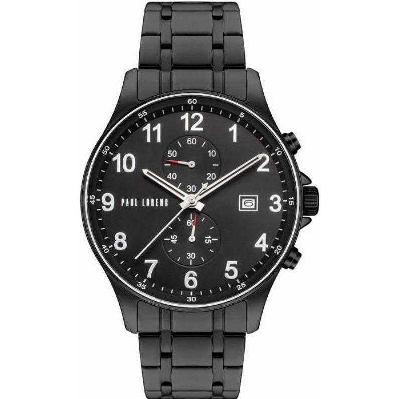 Paul Lorens, Orologio da polso, Zegarek Zegarek męski czarny elegancki na bransolecie GHOST PL20002B-1A5, Nero, Argento, (Cronografo, 45 mm)