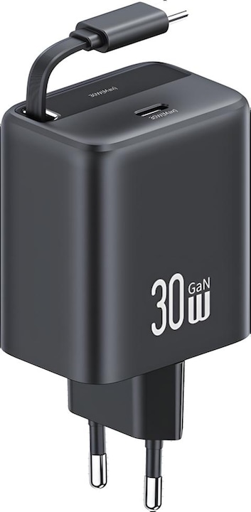 Usams Ład. siec. 1xUSB-C ze zwijanym kablem USB-C Retractable PD+QC 30W Gan Fast Charging czarny/bla (30 W)