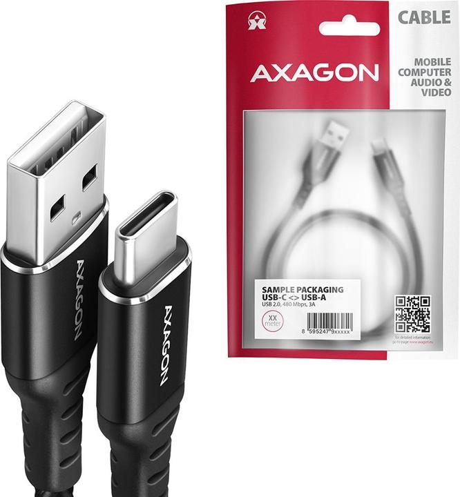 Produktbild Axagon BUCM-AM20AB USB-C zu USB-A Kabel, 2 m, USB 2.0, 3A, geflochten - schwarz (2 m, USB 2.0, 5 W)