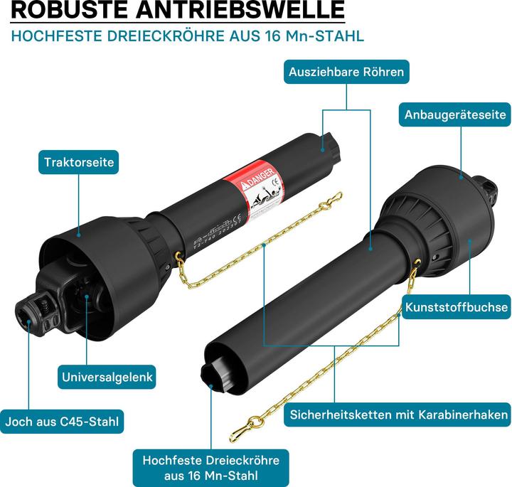Actual product image Wiltec PTO Shaft T2 Drive Shaft 740-960mm 270Nm 540rpm 23kW (31hp), 2x 1 3/8" 6 teeth Tractor Attachme (Tractor accessories)