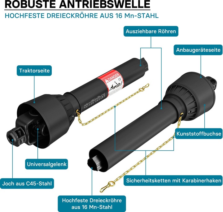 Produktbild Wiltec Zapfwelle T2 Gelenkwelle 740-960mm 270Nm 540U/min PTO-Shaft 23kW 2x 1 3/8" Z6 (Traktorzubehör)