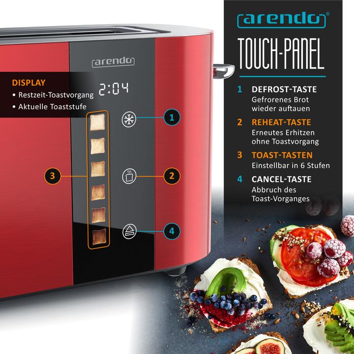 Image du produit Arendo Toaster Edelstahl 2 Scheiben Langschlitz, Touch Display, Bräunungsgrad & Restzeitanzeige, 1000 W