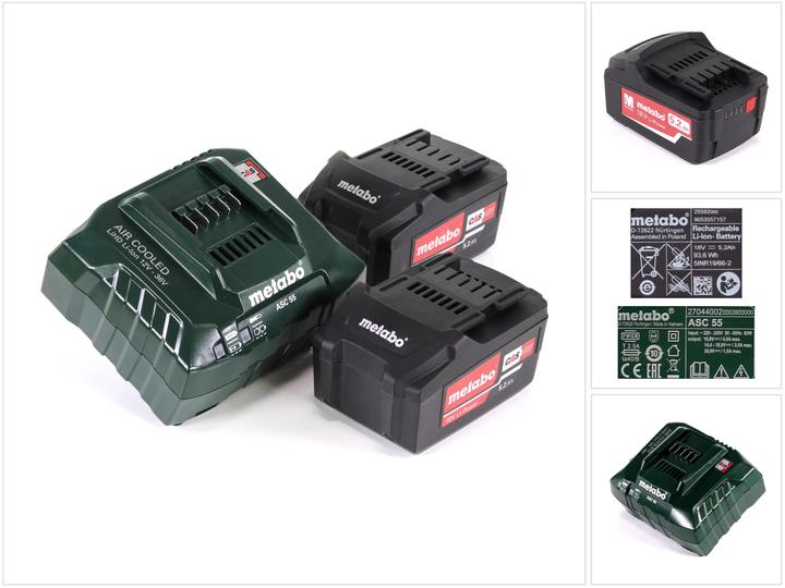 Produktbild Metabo Akku Basis Set 18V mit 2x Akku 5,2Ah ( 625592000 ) + Ladegerät ASC 55 ( 627044000 ) (18 V)
