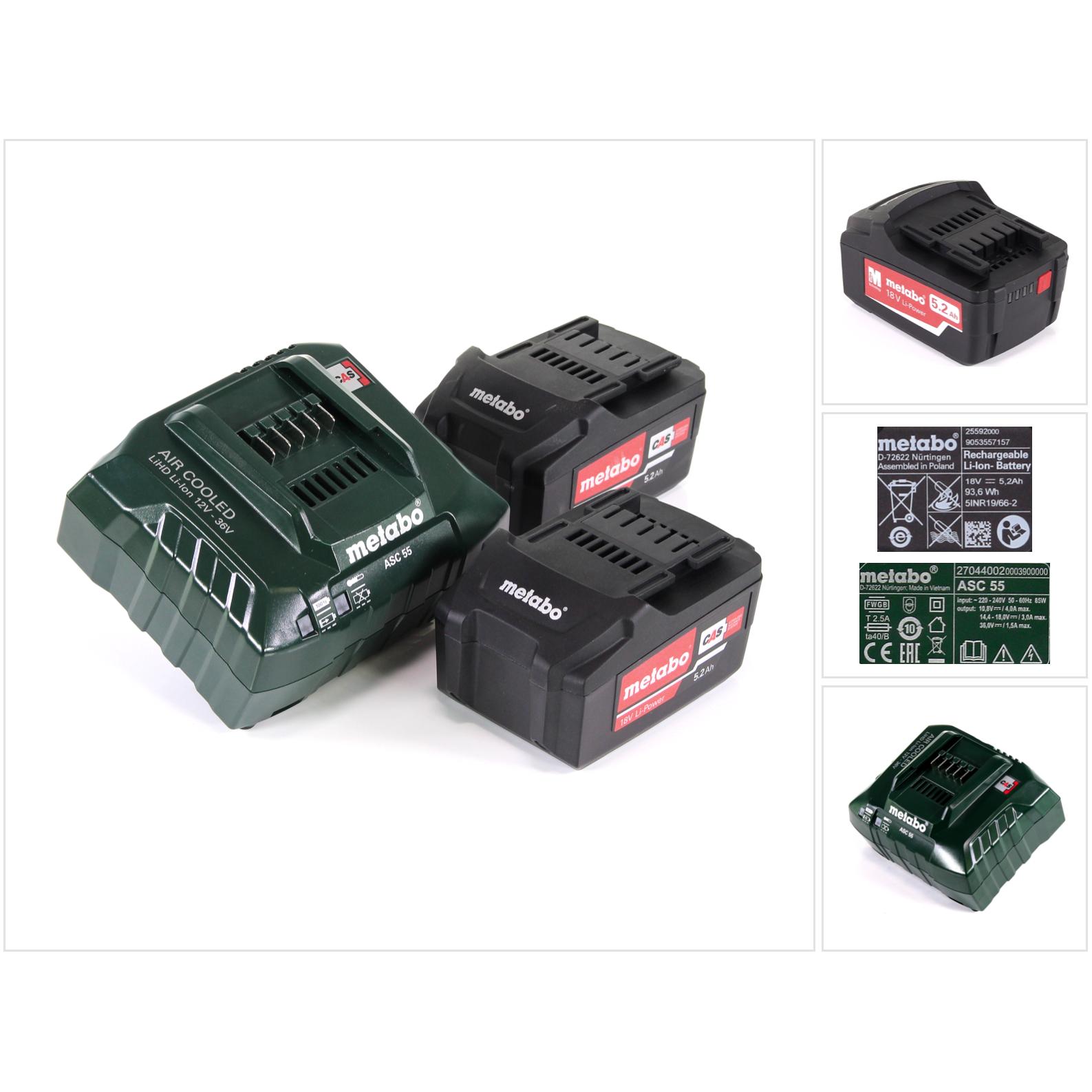 Metabo, Werkzeugakku + Ladegerät, Akku Basis Set 18V mit 2x Akku 5,2Ah ( 625592000 ) + Ladegerät ASC 55 ( 627044000 ) (1...