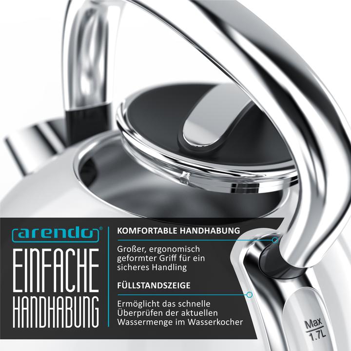 Immagine prodotto Arendo Bollitore da 1,7 l, 2200 W, acciaio inox, stile retrò, vintage, protezione contro il (1.70 l)