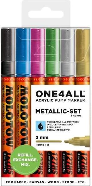 Molotow One4All 127HS Acryl Marker Metallic-Set (2,0 mm Strichstärke, hochdeckend und permanent, UV- (Sortiert, 2 mm, 6 x)