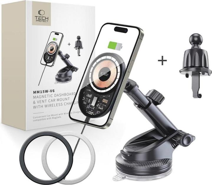 Image du produit Tech-Protect MM15W-V6 Porte-charge voiture 15W avec MagSafe pour interface entreprise et évent - Noir