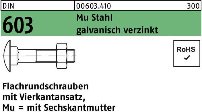 Produktbild Flachrundschraube DIN 603 m.Vierkantansatz/6-kantmutter M 5 x 30 Mu Stahl 4.6 galvanisch verzinkt (500 Schrauben pro Stück)