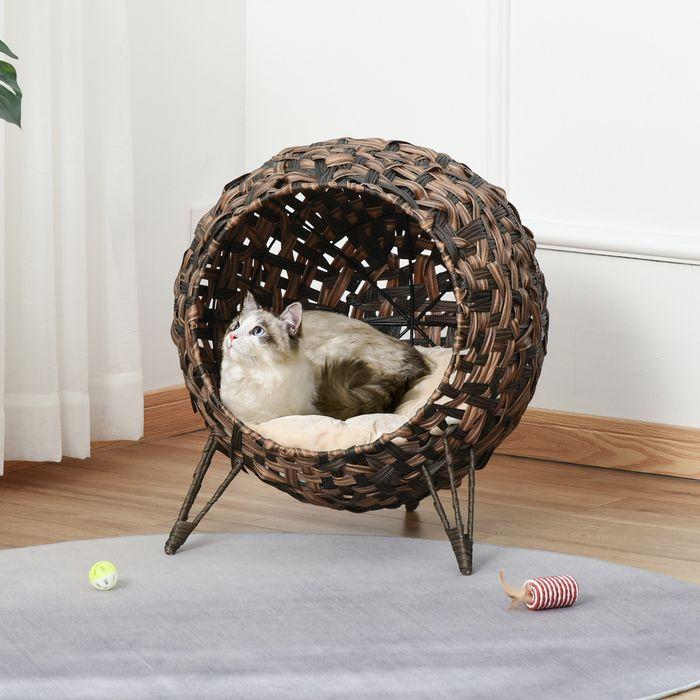 Produktbild Swisshandel24 Katzenhaus aus Rattan mit Kissen Katzenschlafplatz Katzenhöhle mit erhöhten Füssen Braun Ø52 x 58 cm (Katze)