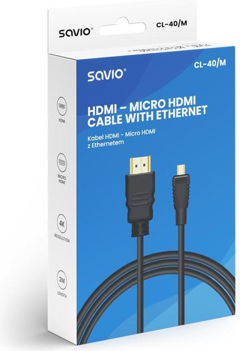 Actual product image Savio CL-40/M HDMI (M) - micro HDMI (M) cable with Ethernet 2m Black (2 m)