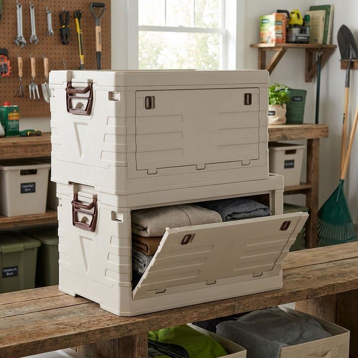 Image du produit Storage Solutions 2er-Set Faltbare Aufbewahrungsbox 55L Beige: robuste Klappbox, stapelbarer Ordnungshelfer (35 cm, 55 l, 2x)