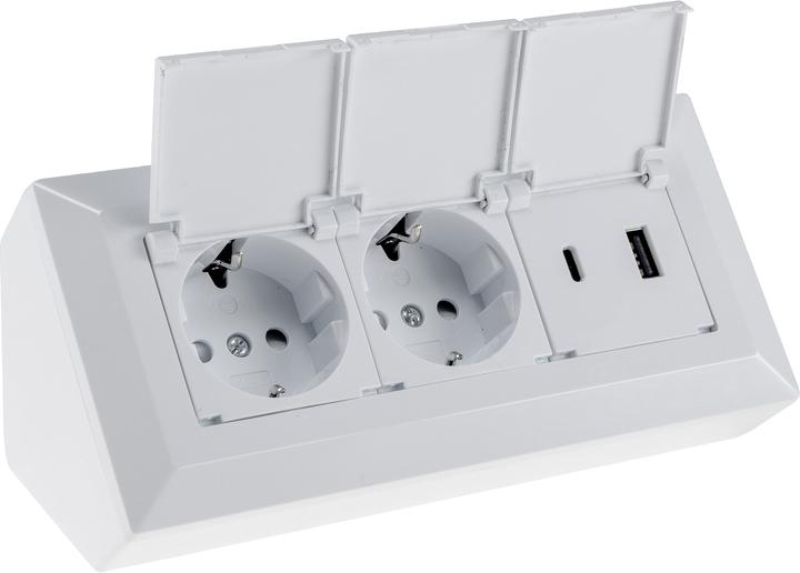 Produktbild Chilitec Steckdosenblock 23950, 2-fach, mit Schutzklappen, USB-A+C, weiss (2x, USB-A, USB-C)