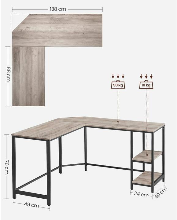 Actual product image Vasagle Desk greige L-shaped, 8-leg frame black 88.0 / 138.0 x 49.0 cm (138 x 138 x 76 cm)