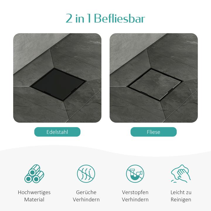 Produktbild Emke Duschrinne Quadratischer, Bodenablauf 2in1 Komplettset, Geruchsstop und Haarsieb, 1000cm, Schwarz (60 mm)