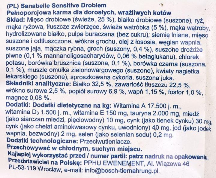 Nutritional values and ingredients Sanabelle Dry food Sensitive (Adult, 1 pcs., 10000 g)