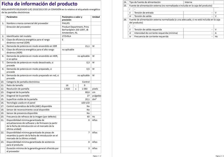 Voedingswaarden en ingrediënten Philips 272V8LA/00 (1920 x 1080 Pixels, 27")