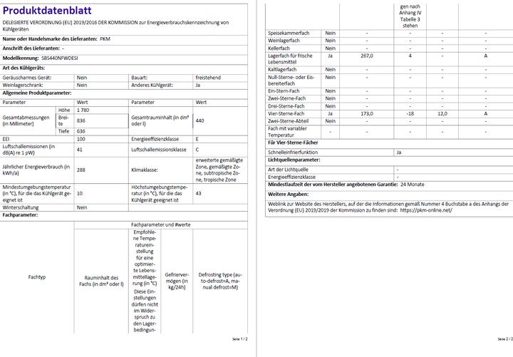 Nutritional values and ingredients PKM Kühl-Gefrier-Kombination SBS440NFWDESI (440 l)