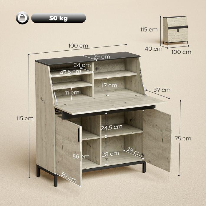 Actual product image Swisshandel24 Industrieller Sekretär-Schreibtisch, Regalen, Metallrahmen, 100cm, Naturholz, Schwarz (100 x 40 x 80 cm)
