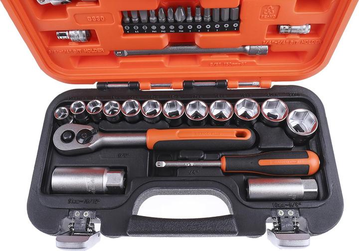 Actual product image Bahco 1/4"- und 3/8"-Steckschlüssel-Satz, metrisch, Sechskant, inklusive Umschaltknarre - 34-teilig (3/8")