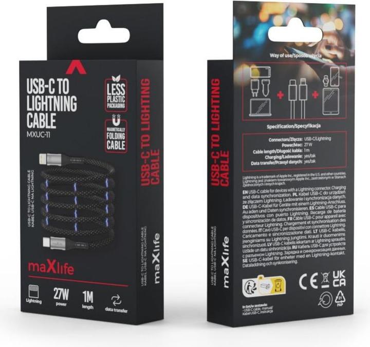 Produktbild Maxlife MXUC-11 magnetisches Kabel USB-C - Lightning 1,0 m 27W schwarzes Nylon (1 m, 27 W)