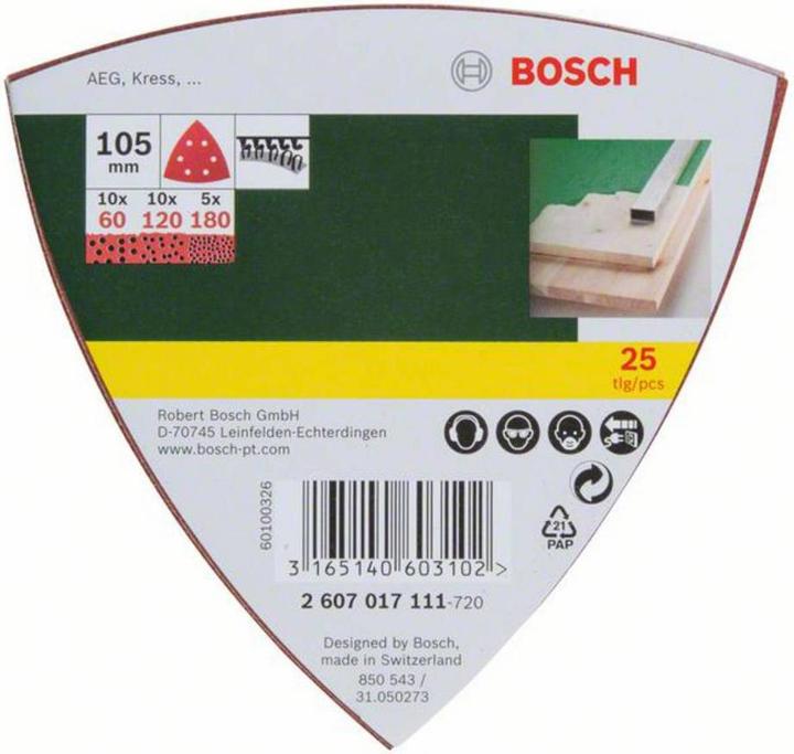Produktbild Bosch Zubehör Schleifblatt-Set für Deltaschleifer, 105 mm, 60, 120, 180, 6 Löcher, 25er-Pack (180, 60, 80)