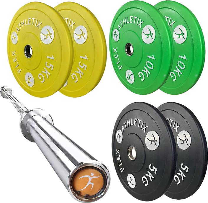 Image du produit FlexAthletix Ensemble de plaques de butoir & haltère long (2 x 5 kg, 2 x 15 kg, 2 x 10 kg)