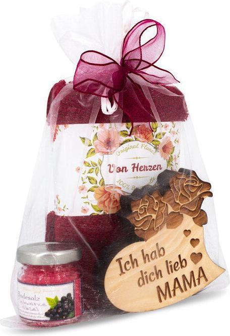 Produktbild ZNatur Geschenkset Zirben Holz Herz mit Gravur MAMA & Badesalz & Tuch No.28 (Körperpflegeset)