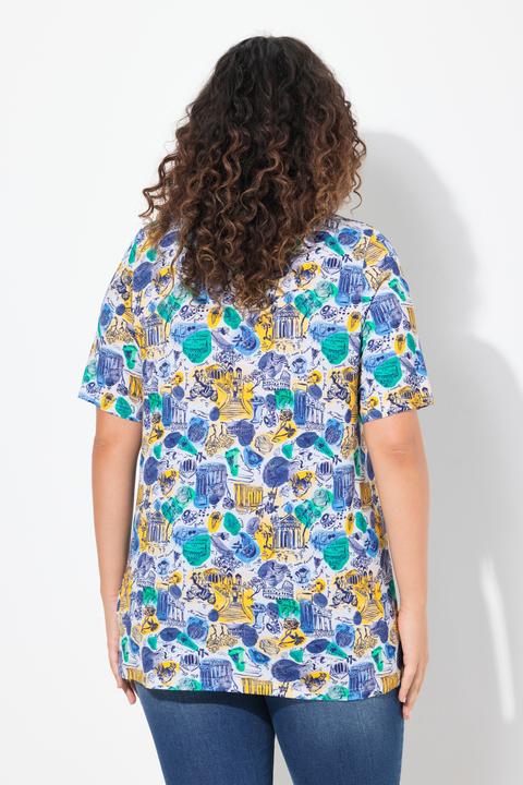 Immagine prodotto Ulla Popken T-shirt dal taglio svasato con design ispirato alle vacanze, scollo a V e mezze maniche (62)