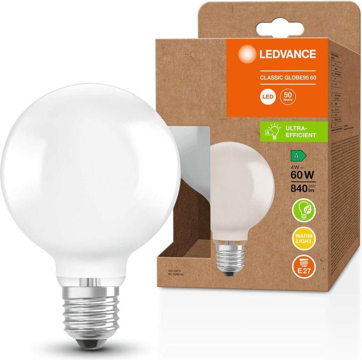 Produktbild Ledvance LED globe95 mat 840lm 4W/830 (60W) E27 energiklasse A (E27, 4 W, 840 lm, 1 x, A)