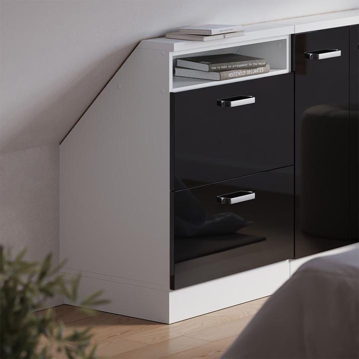 Produktbild Vichy Dachschrägenschrank Rion, Schwarz-Eiche Hochglanz/Weiss/Weiss, mit 2 Schubladen (46 x 46 x 81.60 cm)