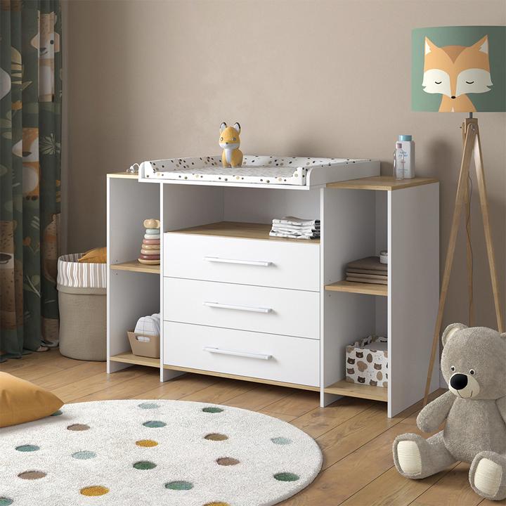 Produktbild Vicco Wickelkommode Oskar, Weiss/Goldkraft Eiche, 143.2 x 93 cm mit 3 Schubladen
