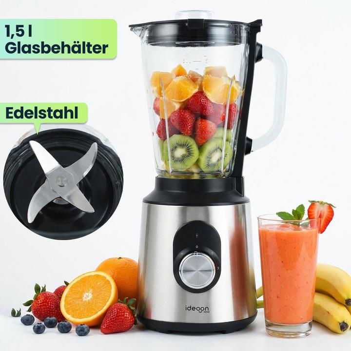 Actual product image Ideoon Edelstahl Power Standmixer mit 1,5 l Glasbehälter, Küchenmixer, 1.000 W (1000 W)