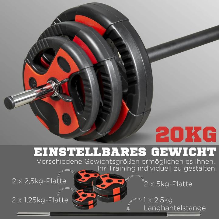 Actual product image Homcom Barbell set 20 kg, incl. 6 weight plates, non-slip bar, black+red (2 x 5 kg)