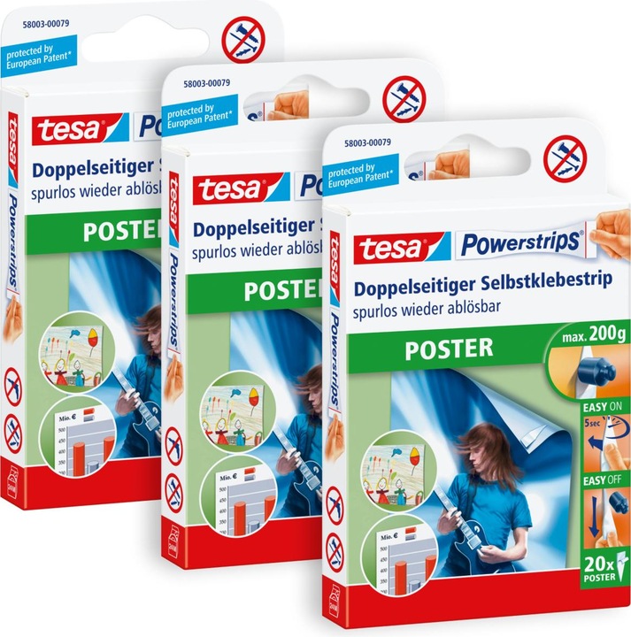 Produktbild tesa 3x Powerstrips POSTER, 200g Halteleistung, 60x doppelseitige Klebestreifen