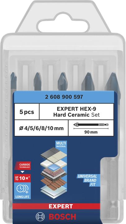 Produktbild Bosch Professional Zubehör EXPERT HEX-9 HardCeramic Bohrer-Set, 4/5/6/8/10 mm, 5-tlg. (10 mm, 4 mm, 5 mm, 6 mm, 8 mm)