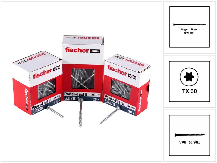 Actual product image Fischer Power-Fast II FPF II chipboard screw 6,0x110 mm 50 pieces ( 670689 ) countersunk head with Torx Te (50 Screws per piece)