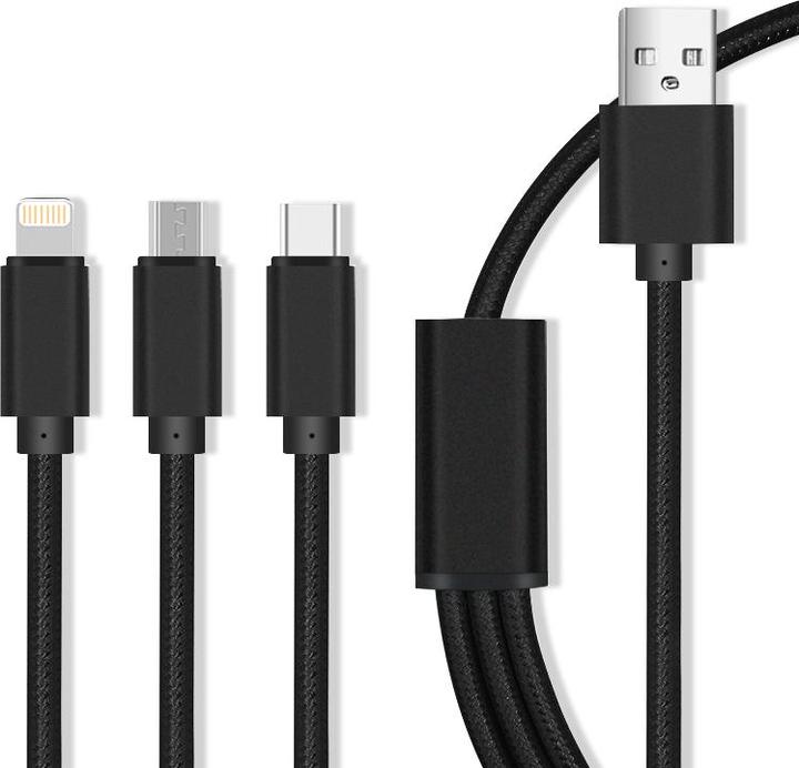 Image du produit Maxlife Câble 3en1 USB - Lightning + USB-C + microUSB 1,0 m 2,1A noir nylon (1 m, 10 W)