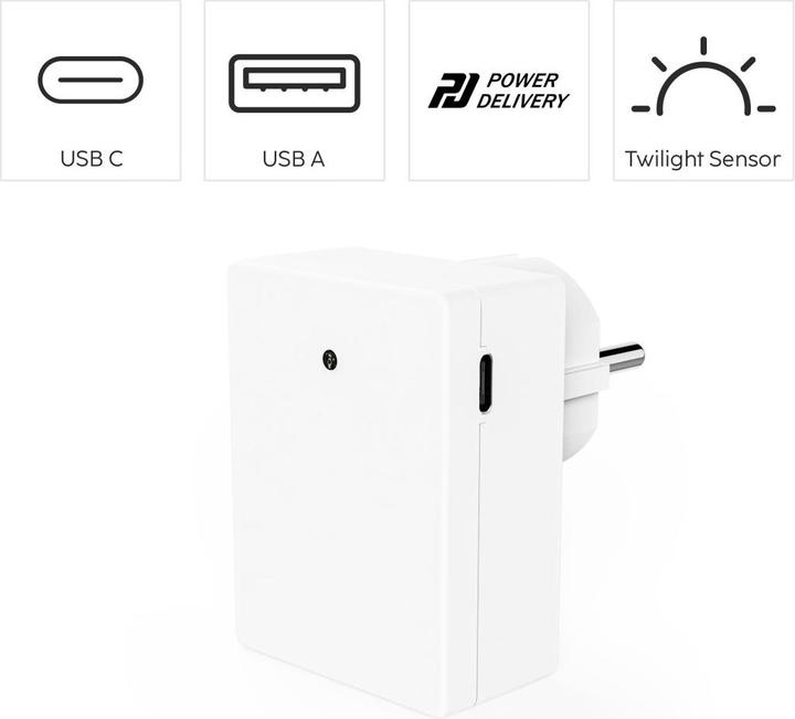 Productafbeelding Hama LED-Nachtlicht f. Steckdose, 1x USB-A, 1x USB-C, Dämmerungssensor, Warmweiss